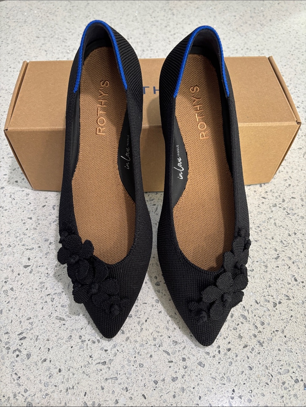 Rothy's Black Pointed Knit Floral-Embellished Flats with Blue Trim - Picture 4 of 6